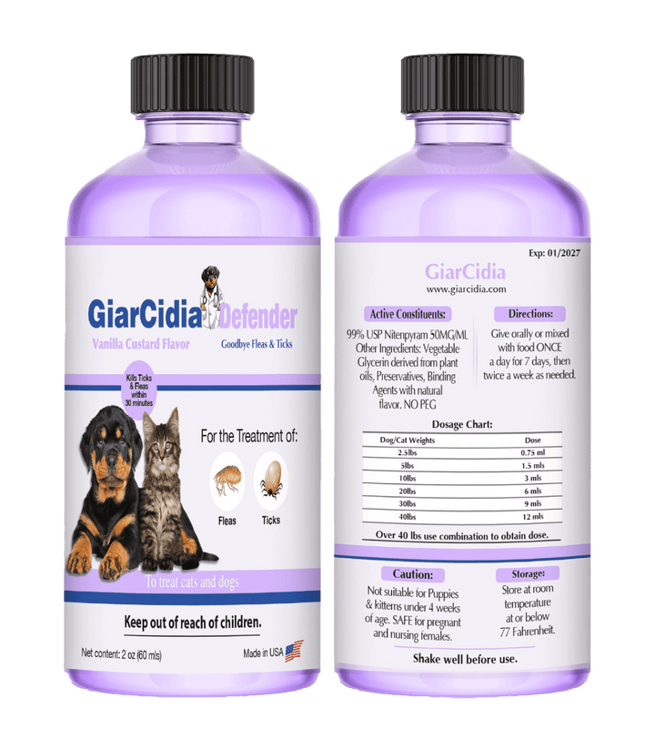 Giarcidia Defender 2oz liquid flea and tick treatment for dogs and cats with syringe applicator, pet-safe and vet-approved