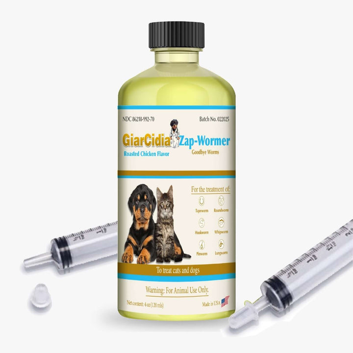 Giarcidia Zap-Wormer 120ml chicken-flavored dog deworming liquid with dropper for tapeworms, roundworms, and hookworms