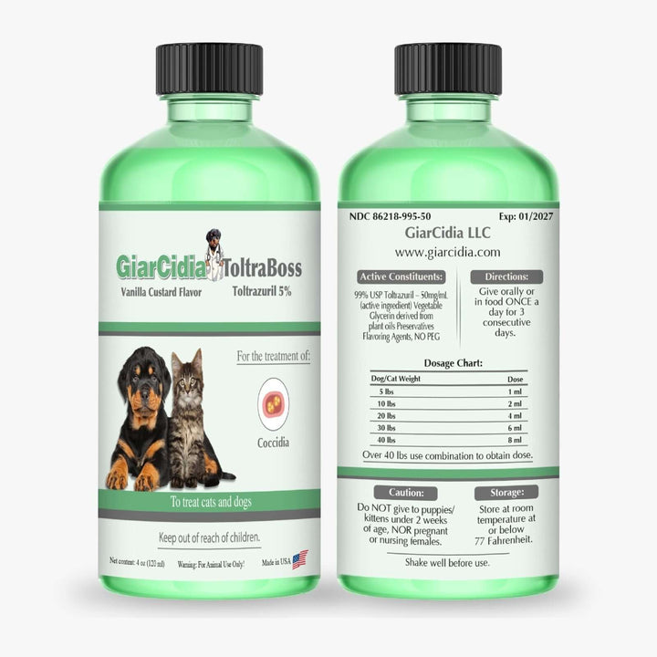 Toltrazuril 4oz liquid coccidia treatment for dogs, cats, and horses with syringe applicator, vanilla-flavored